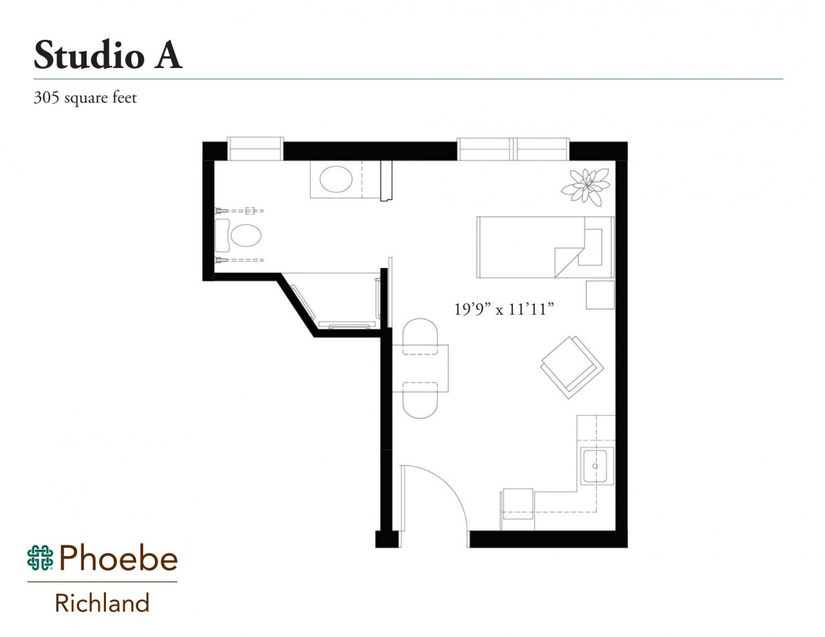 Floor plan of Studio A apartment with room layout and design elements.
