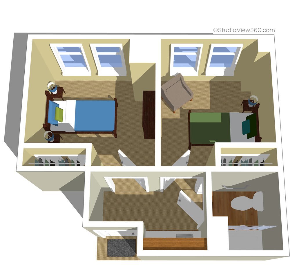A 3D rendering of a two-bedroom apartment floor plan.