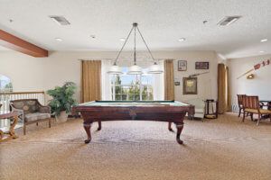 A well-lit billiard room features a classic pool table, surrounded by home decor and natural light streaming through the windows.