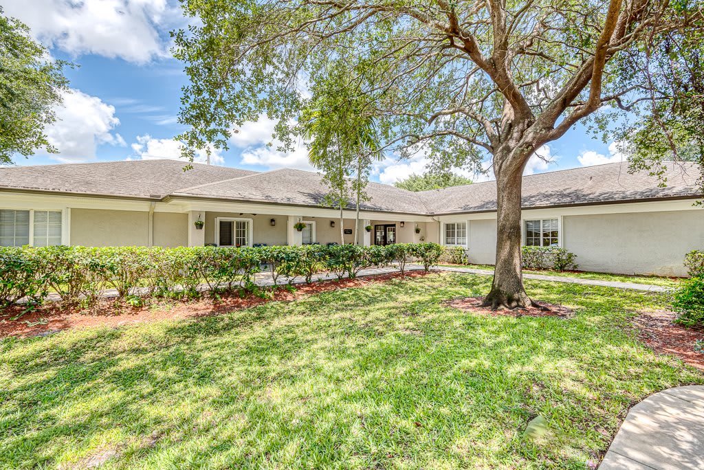 A suburban house with a large tree and well-maintained lawn.