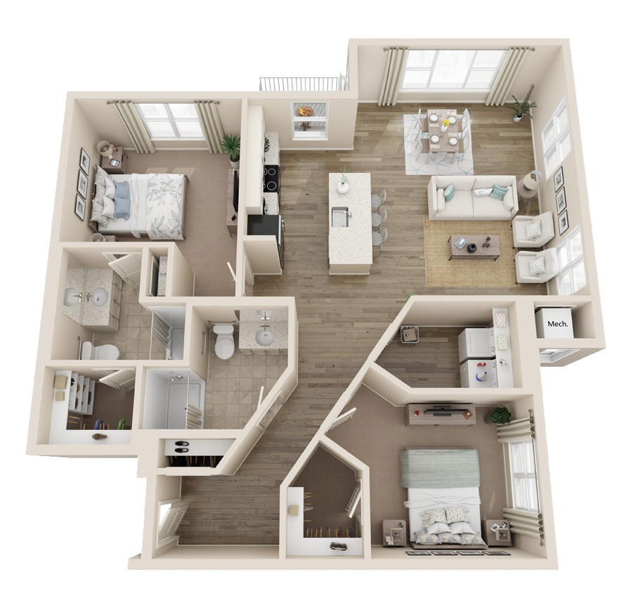 3D-rendered floor plan of a modern apartment layout.