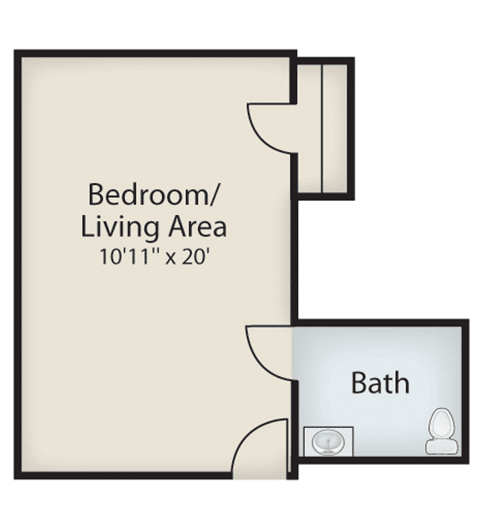 A simple studio apartment floor plan with a combined bedroom and living area, and a separate bathroom.