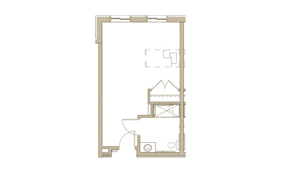 A floor plan of a studio apartment featuring an open living area, bathroom, and kitchen space.