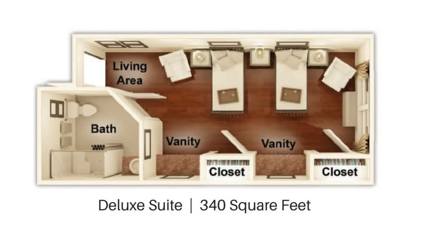 Floor plan of a Deluxe Suite measuring 340 square feet, featuring a living area, bedroom with two beds, vanities, closets, and a bathroom.
