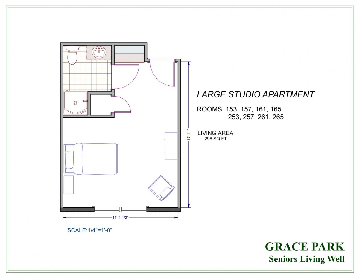Floor plan of a large studio apartment.