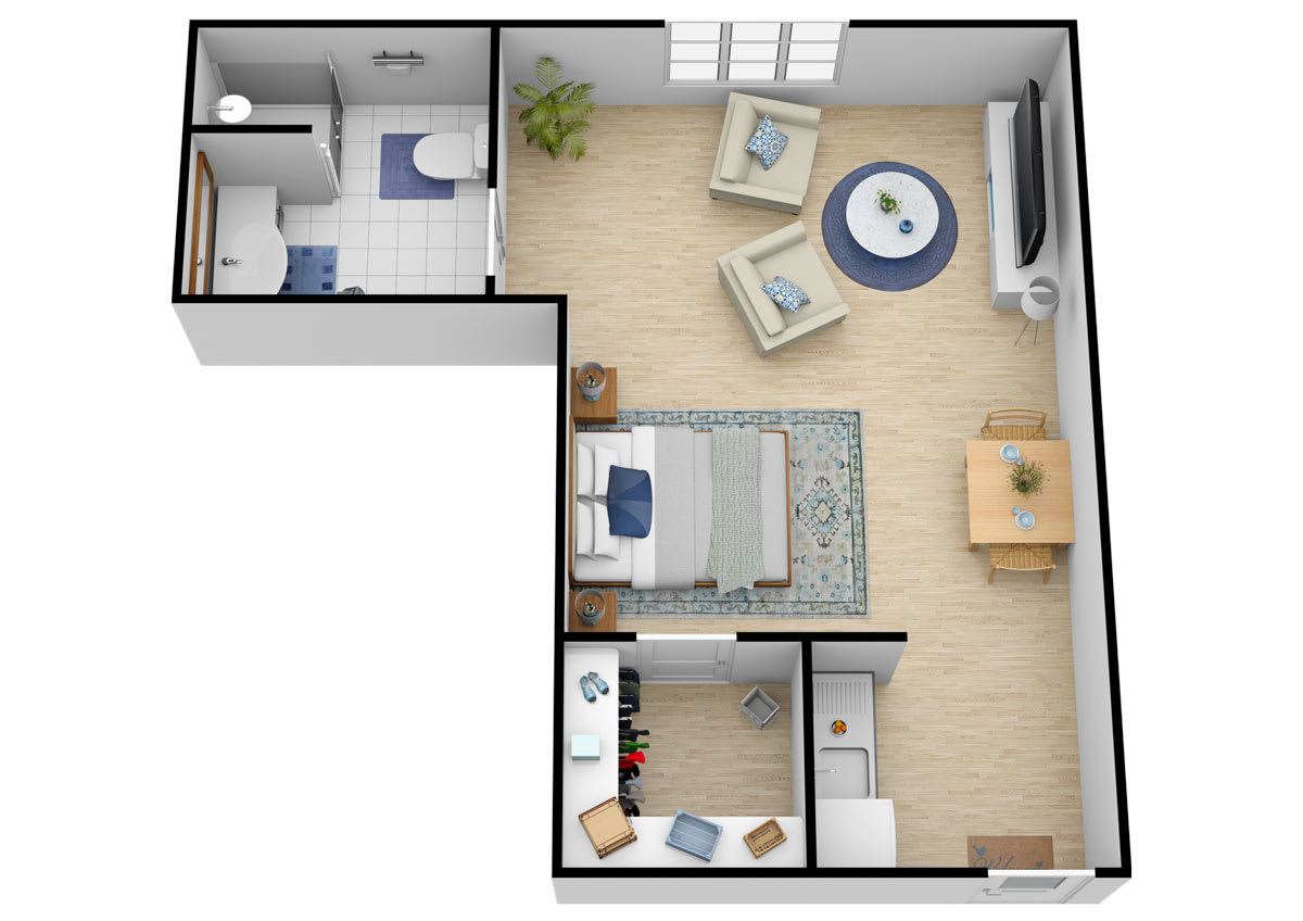 A one-bedroom apartment floor plan with a living room, kitchen, and bathroom.