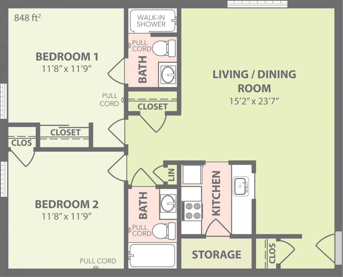 Two-bedroom apartment floor plan with living/dining area, kitchen, storage, and two bathrooms.