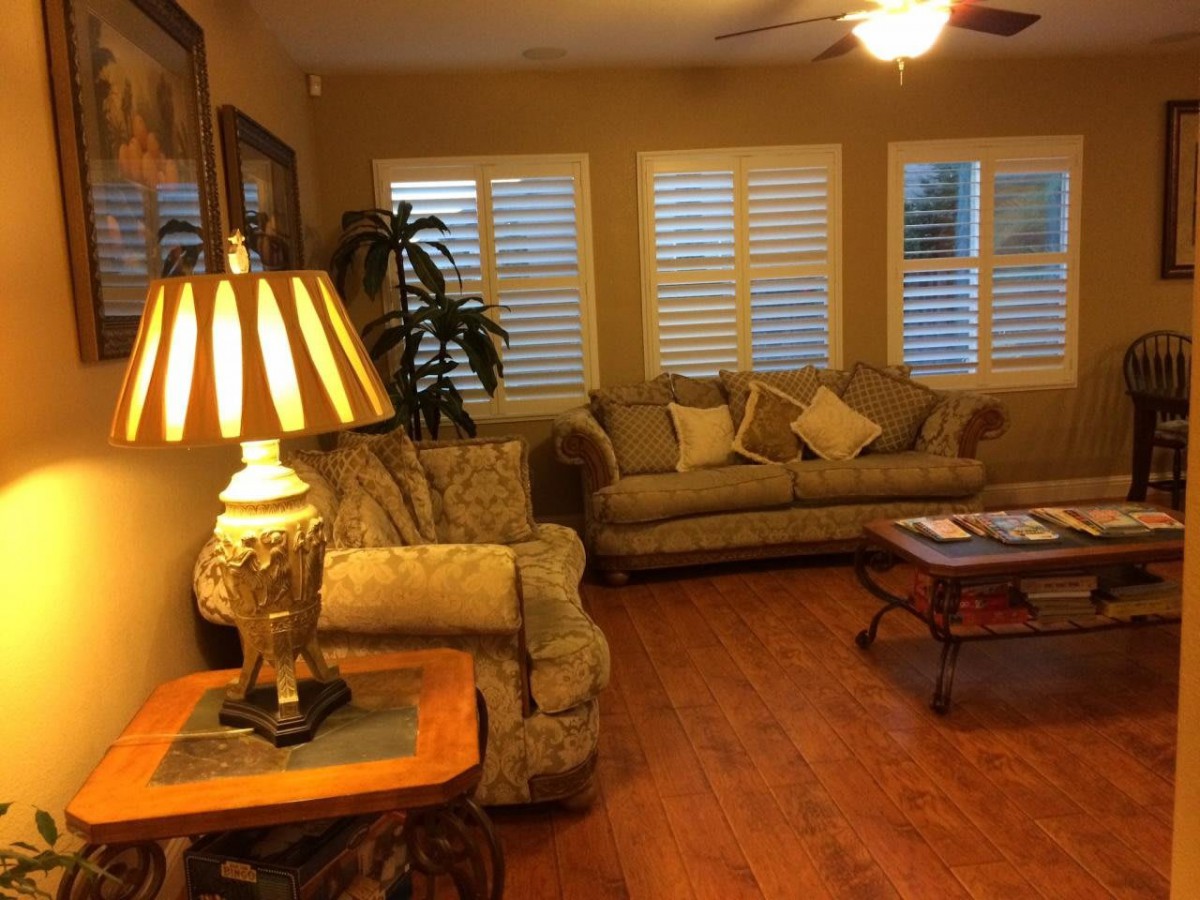 A cozy living room with sofas, a lamp, and window shutters.