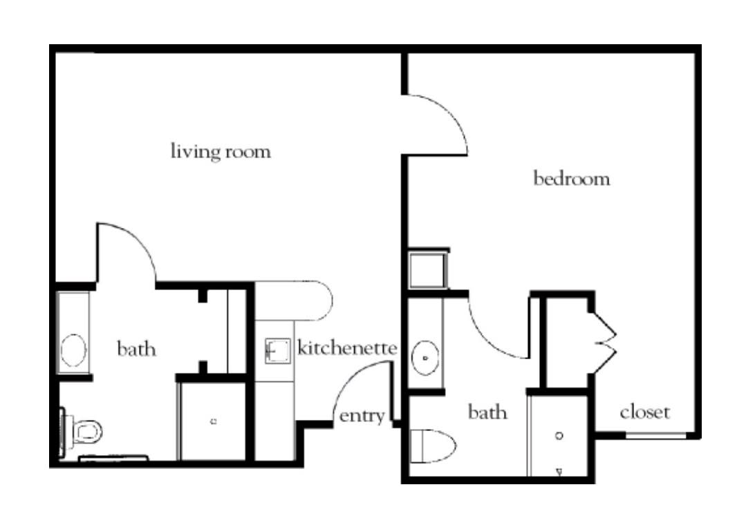 A floor plan of an apartment showing a living room, bedroom, two bathrooms, and a kitchenette.