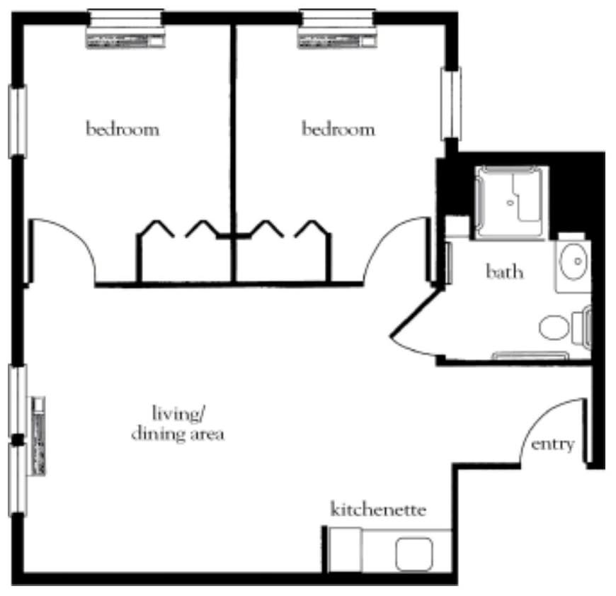 A simple floor plan layout featuring two bedrooms, a living/dining area, kitchenette, and a bathroom.