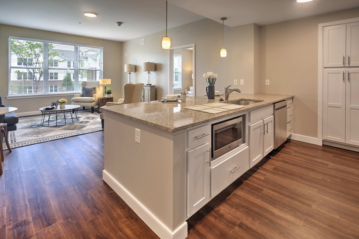 A modern open concept kitchen with an island counter and adjacent living area.