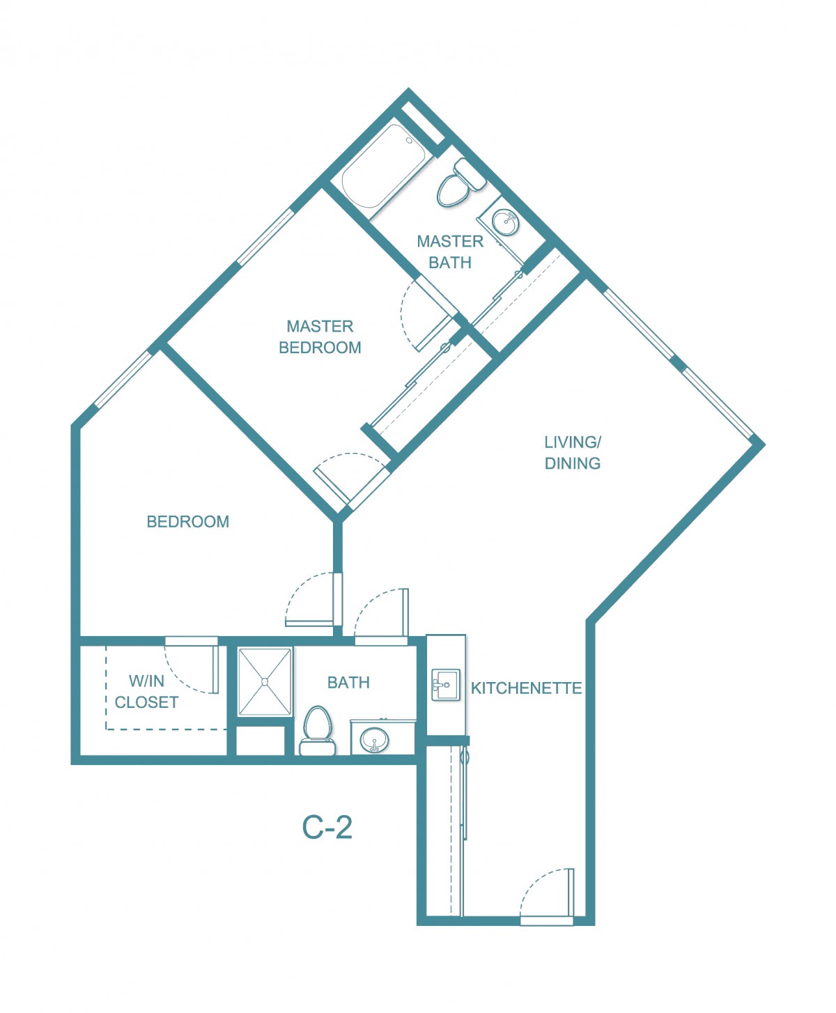 A one-bedroom apartment floor plan featuring a kitchen, living room, and bathroom.