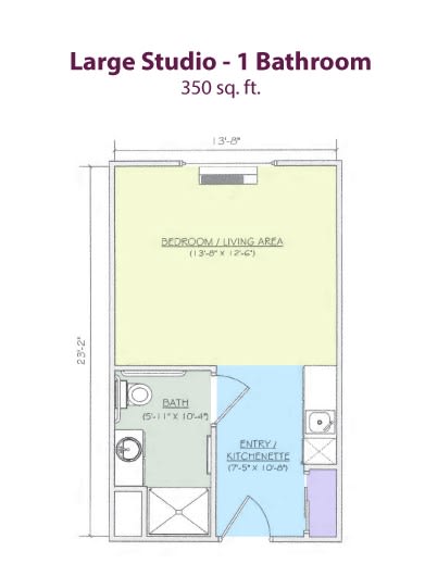 A floor plan of a 350 square foot studio apartment, showing the layout and room dimensions.