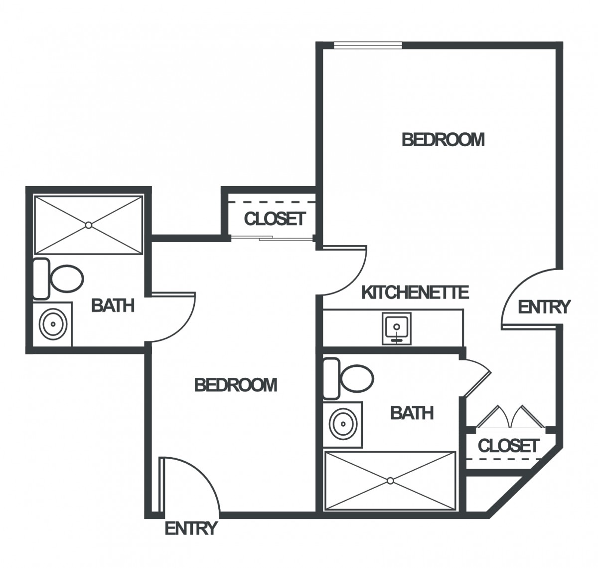A floor plan of an apartment featuring two bedrooms, two bathrooms, a kitchenette, and closets.