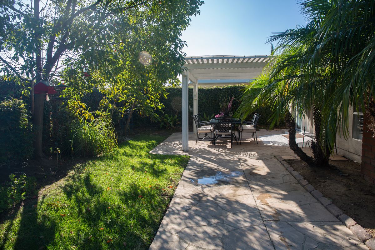 A sunny backyard with a pergola-covered patio and outdoor seating amidst lush greenery.