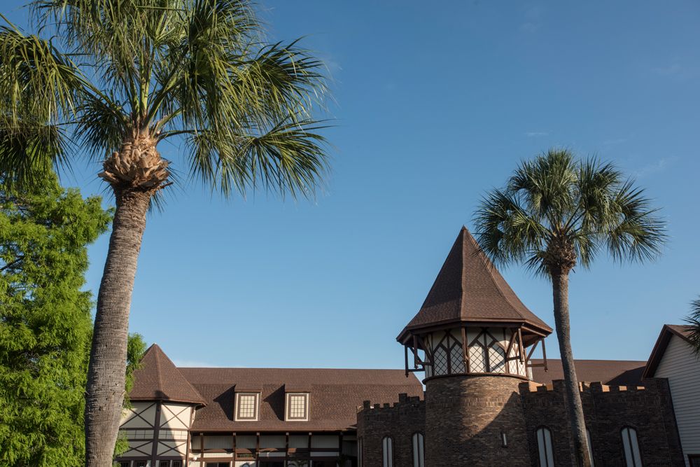 A scenic view of a castle-like building with palm trees under a clear blue sky.