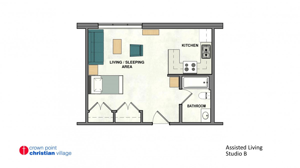 A floor plan of a studio apartment featuring a combined living and sleeping area, kitchen, and bathroom.