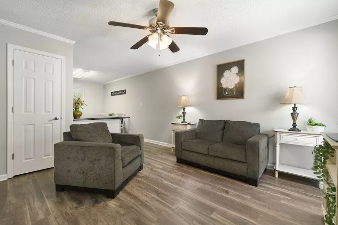 A cozy living room with two dark sofas, a ceiling fan, and wooden flooring.