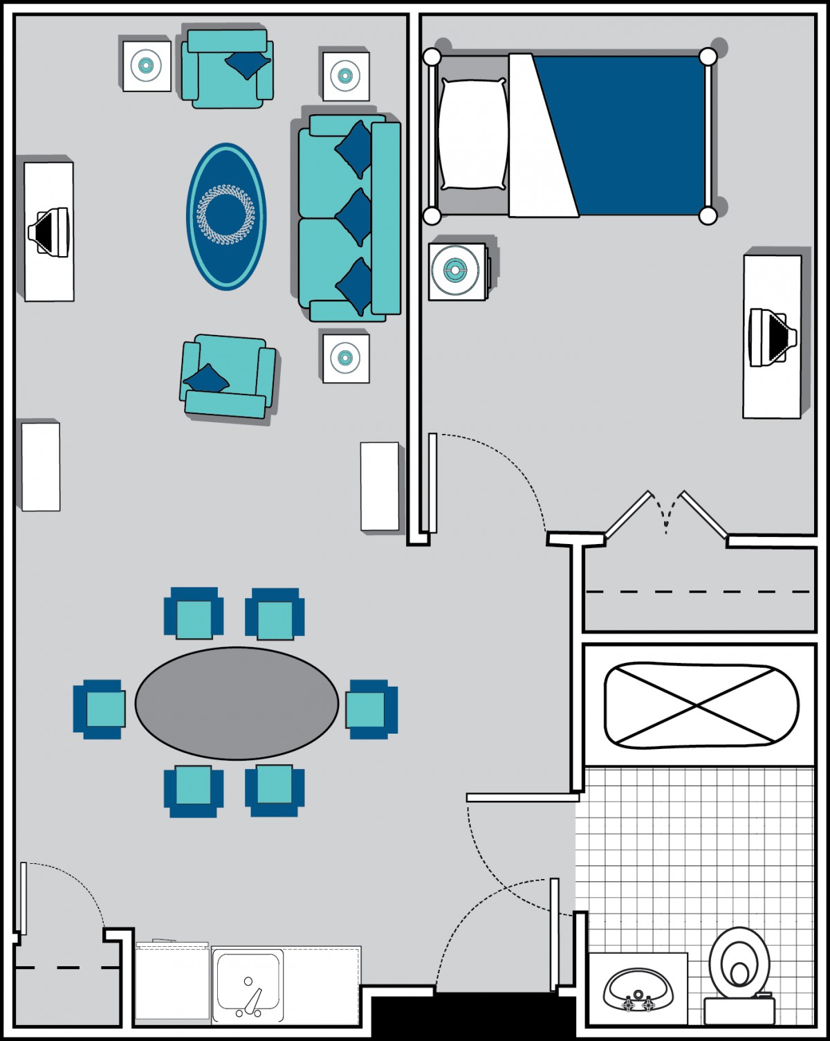 A detailed floor plan showcasing the layout of an apartment with a living room, bedroom, dining area, and furniture arrangement.