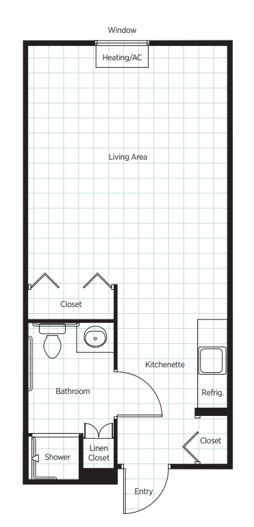 A floor plan of a studio apartment showing a living area, kitchenette, bathroom, and closet.