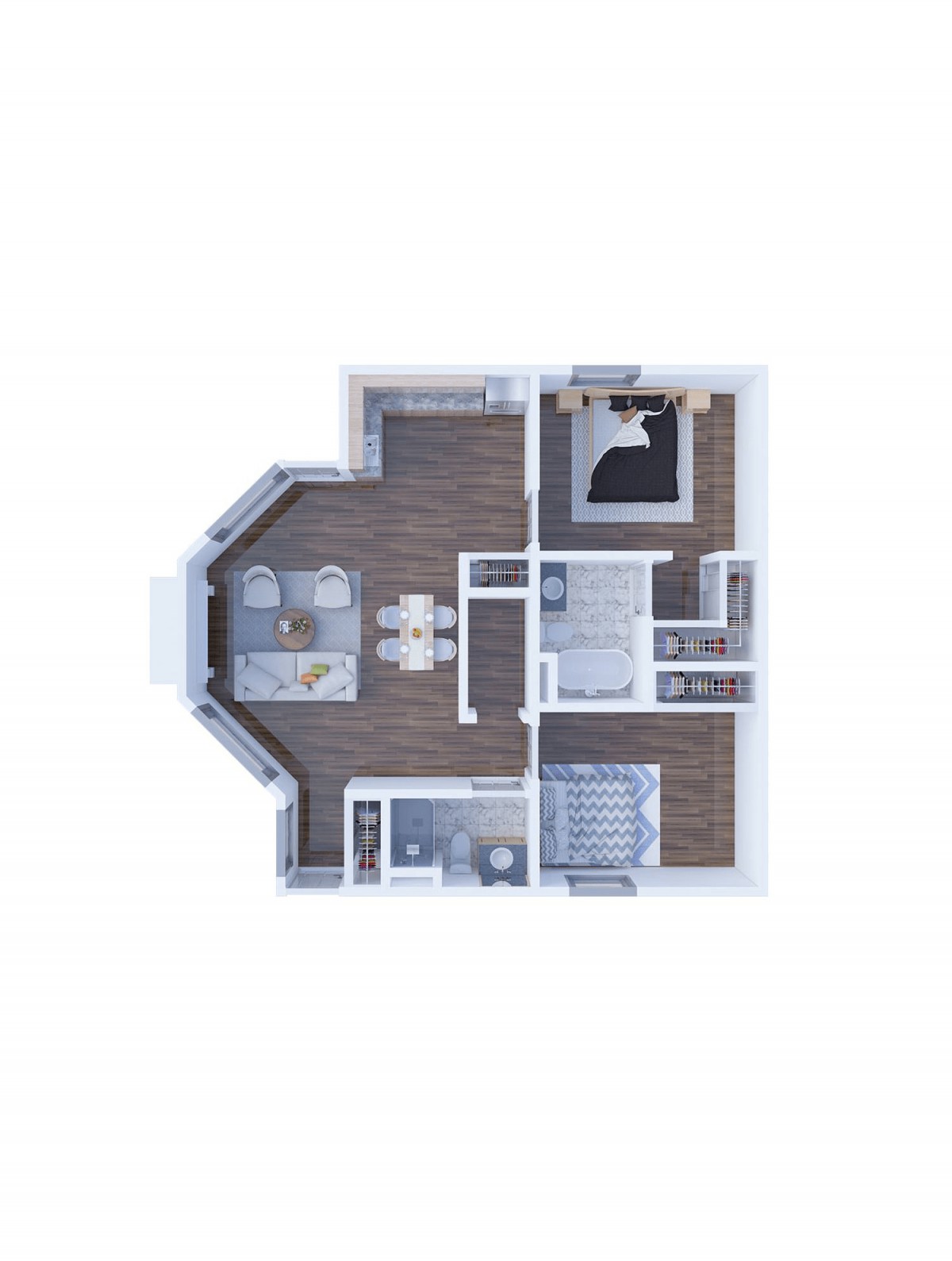 A detailed floor plan of an apartment featuring a living room, kitchen, and two bedrooms.