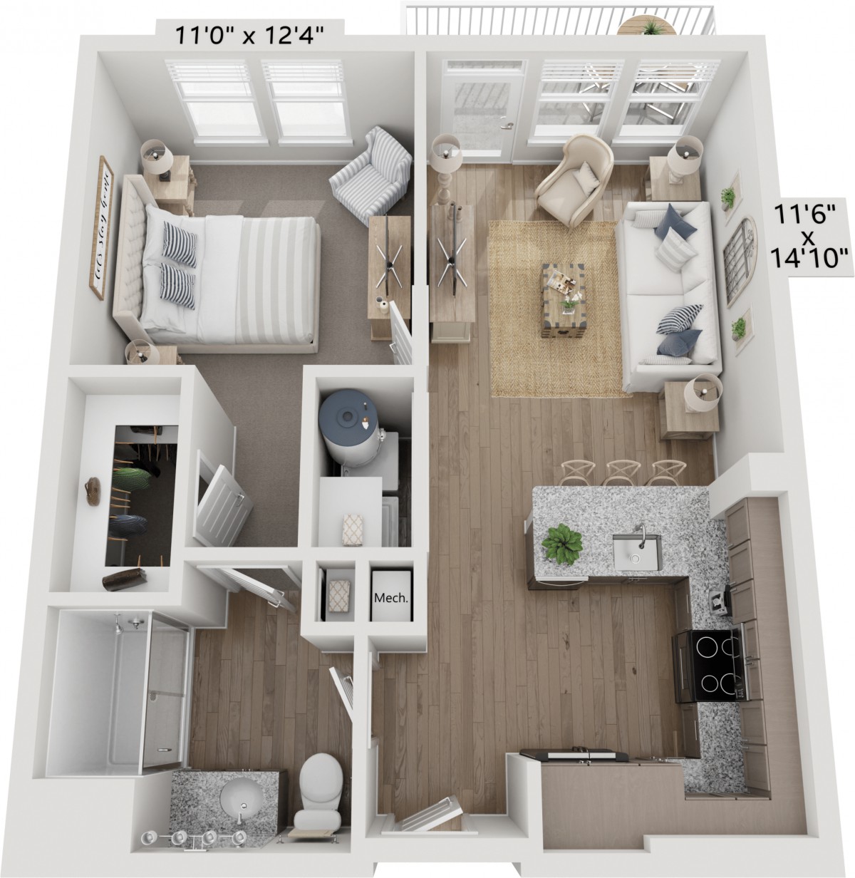 A modern one-bedroom apartment floor plan with an open living area and kitchen.