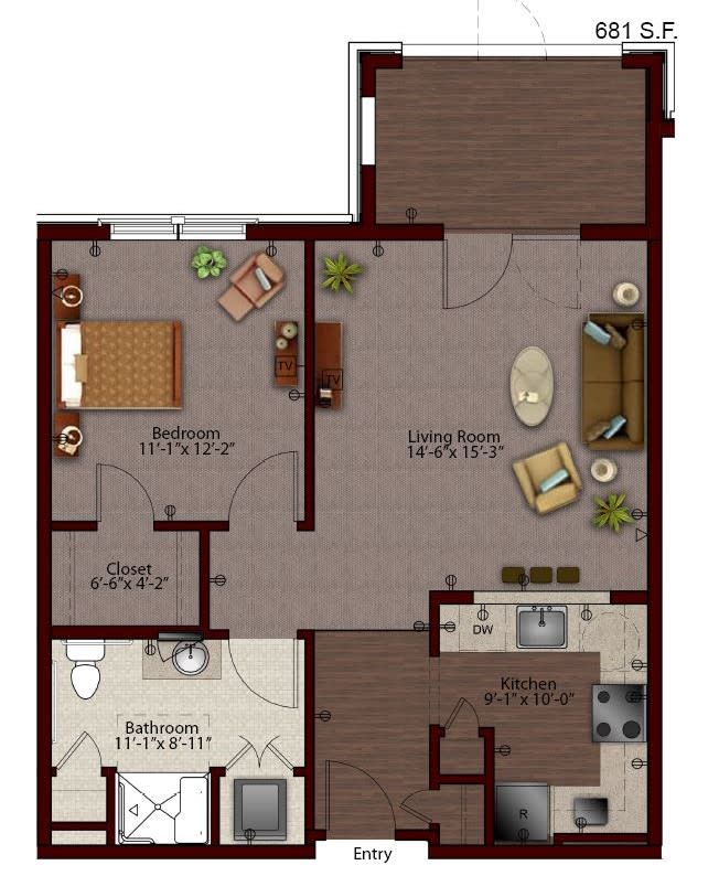 A detailed floor plan of a one-bedroom apartment featuring a living room, kitchen, bathroom, and balcony.