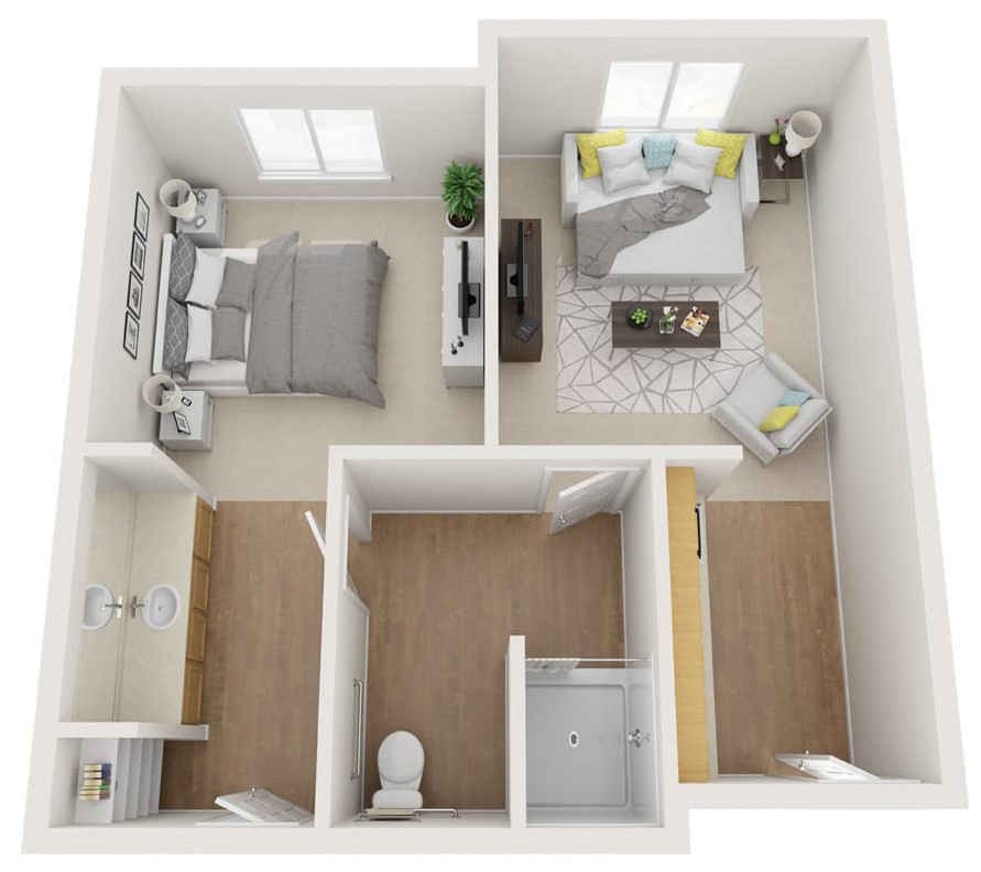 A 3D floor plan of a one-bedroom apartment featuring a living room, kitchen, and bathroom.