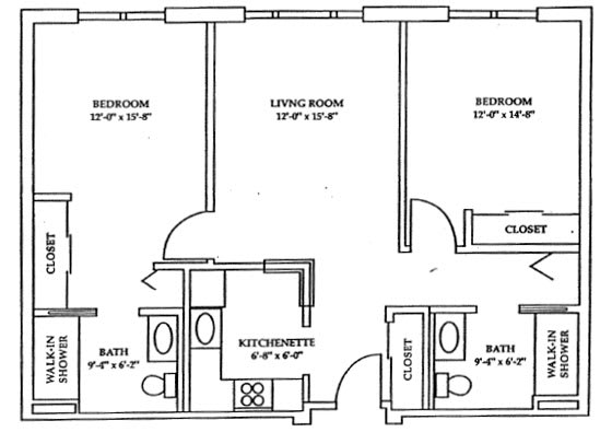 A floor plan of a two-bedroom apartment with a kitchen, living room, and two bathrooms.
