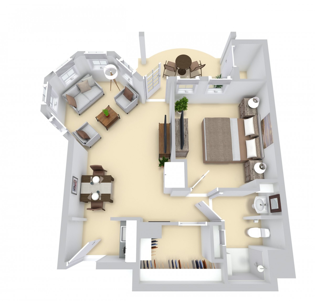 A 3D-rendered floor plan of a modern apartment layout featuring a bedroom, living room, dining area, and kitchen.