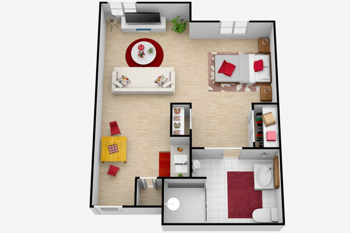 A detailed floor plan of a one-bedroom apartment featuring a living room, kitchen, and bathroom.