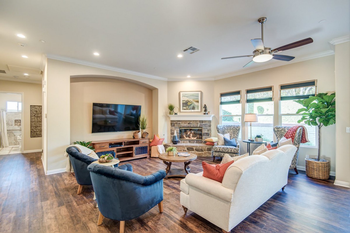 A cozy living room with modern furnishings, featuring a fireplace, television, and comfortable seating.