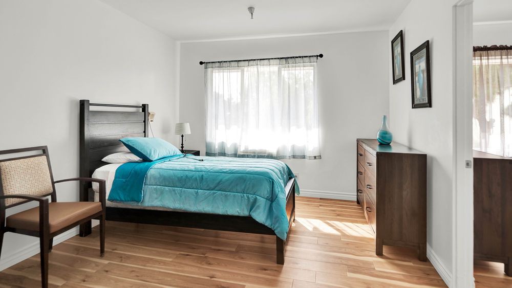 A minimalist bedroom with a neatly made bed, wooden flooring, and natural light streaming through a window.
