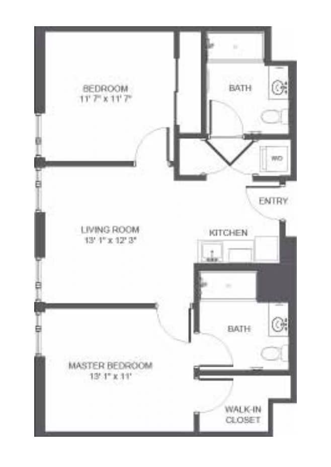 A floor plan of an apartment with two bedrooms, a living room, kitchen, and bathroom.