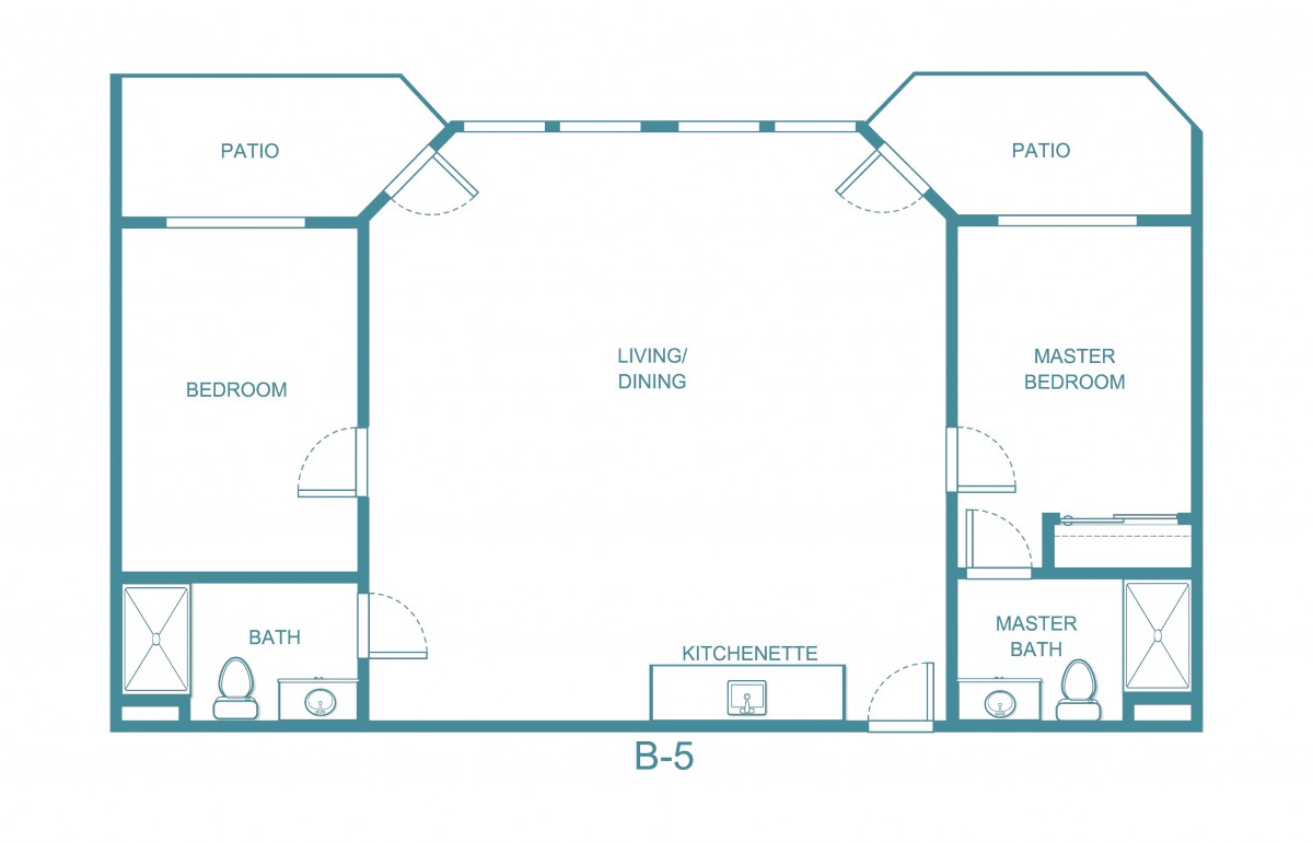 A floor plan of a two-bedroom apartment with a living area, kitchen, and bathrooms.