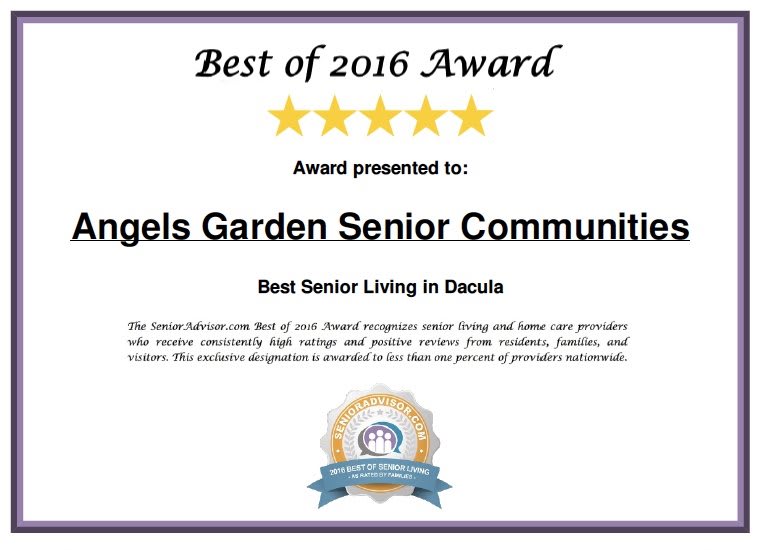 Certificate recognizing Angels Garden Senior Community as the Best Senior Living in Dacula for 2016.