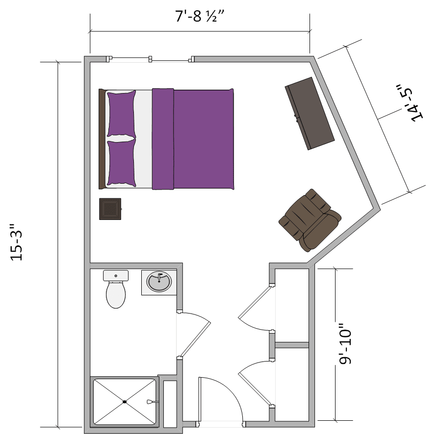 A floor plan of a small bedroom with dimensions and furniture layout, including a bed, desk, chair, and bathroom.