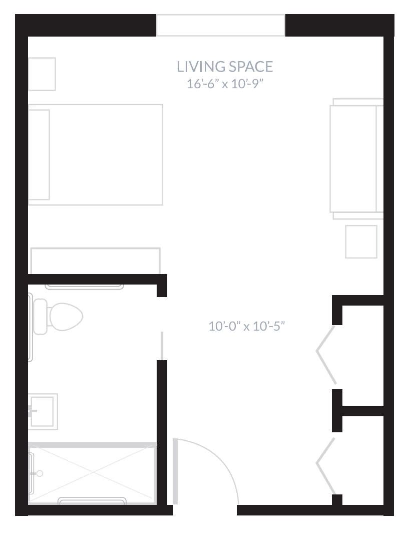A simple floor plan showing the layout of a living space with dimensions.
