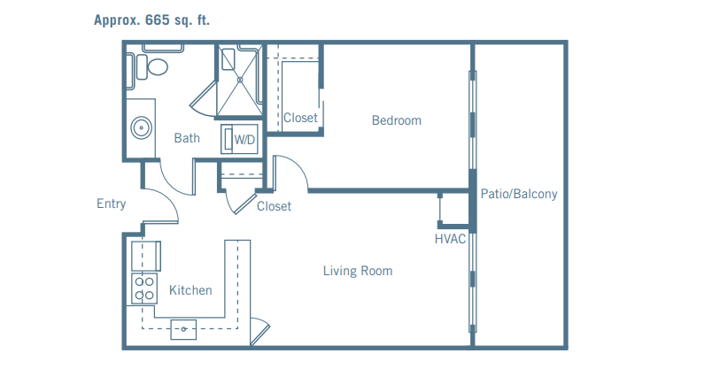 This image depicts a floor plan of a one-bedroom apartment, featuring a kitchen, living room, bathroom, and patio.