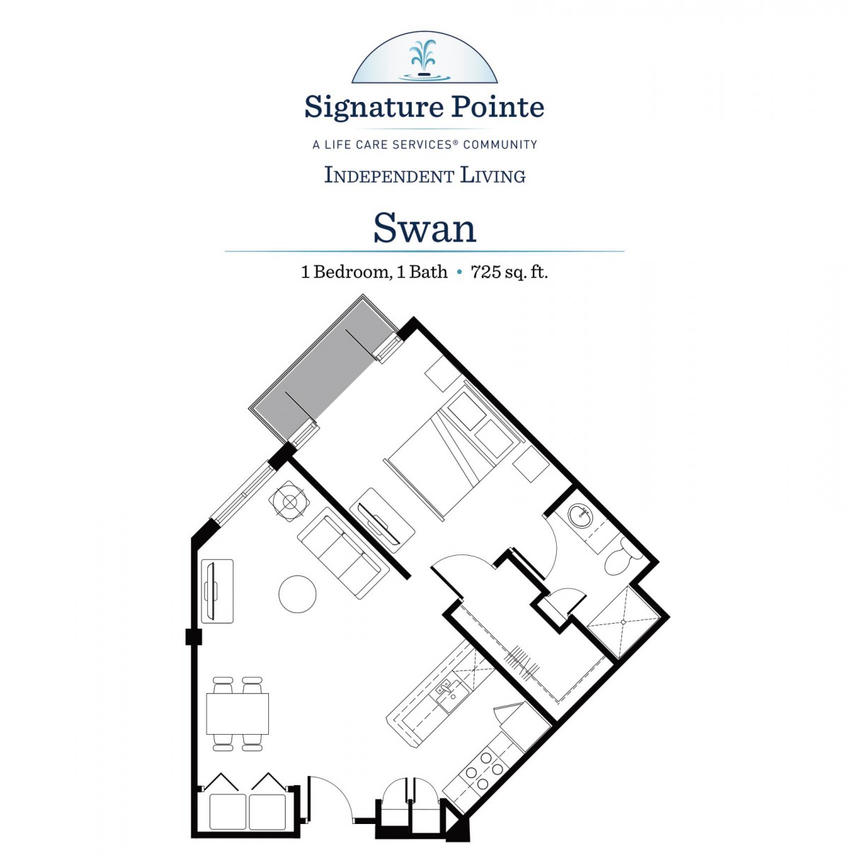 Floor plan of the 'Swan' model at Signature Pointe Retirement Community, featuring 1 bedroom and 1 bath.