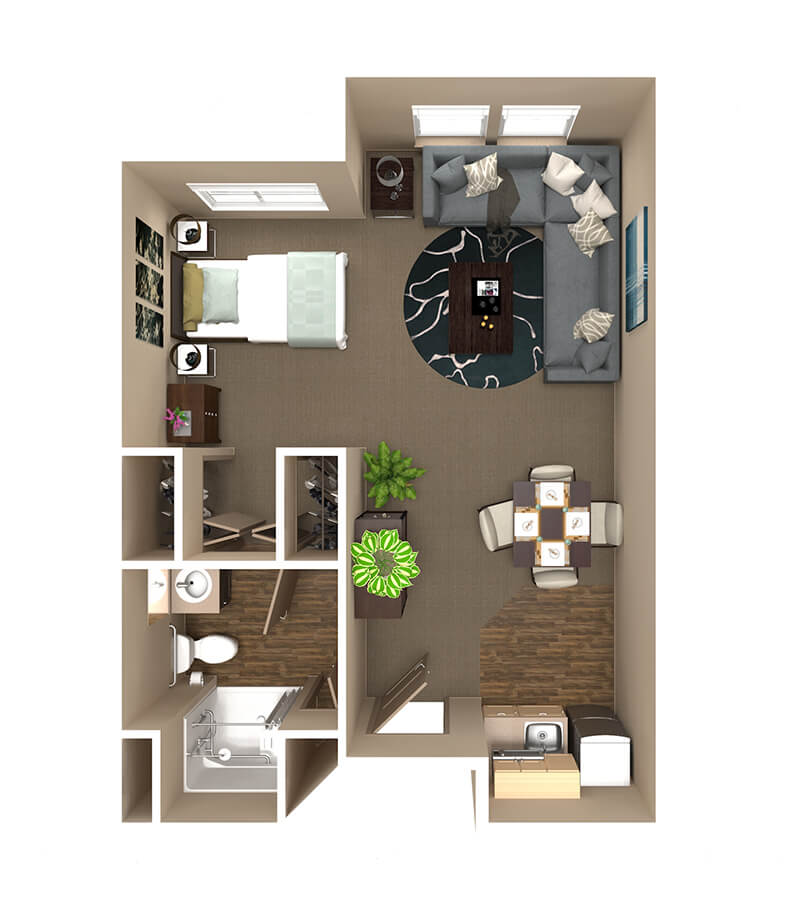 A 3D floor plan of a one-bedroom apartment featuring a living room, dining area, kitchen, bathroom, and bedroom.