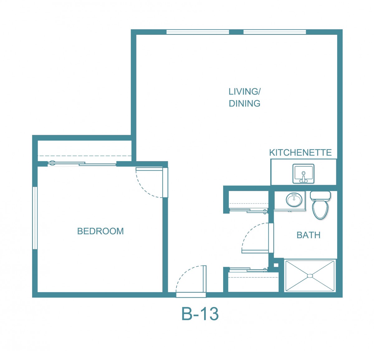 A one-bedroom apartment floor plan featuring a living/dining area, kitchenette, and bathroom.