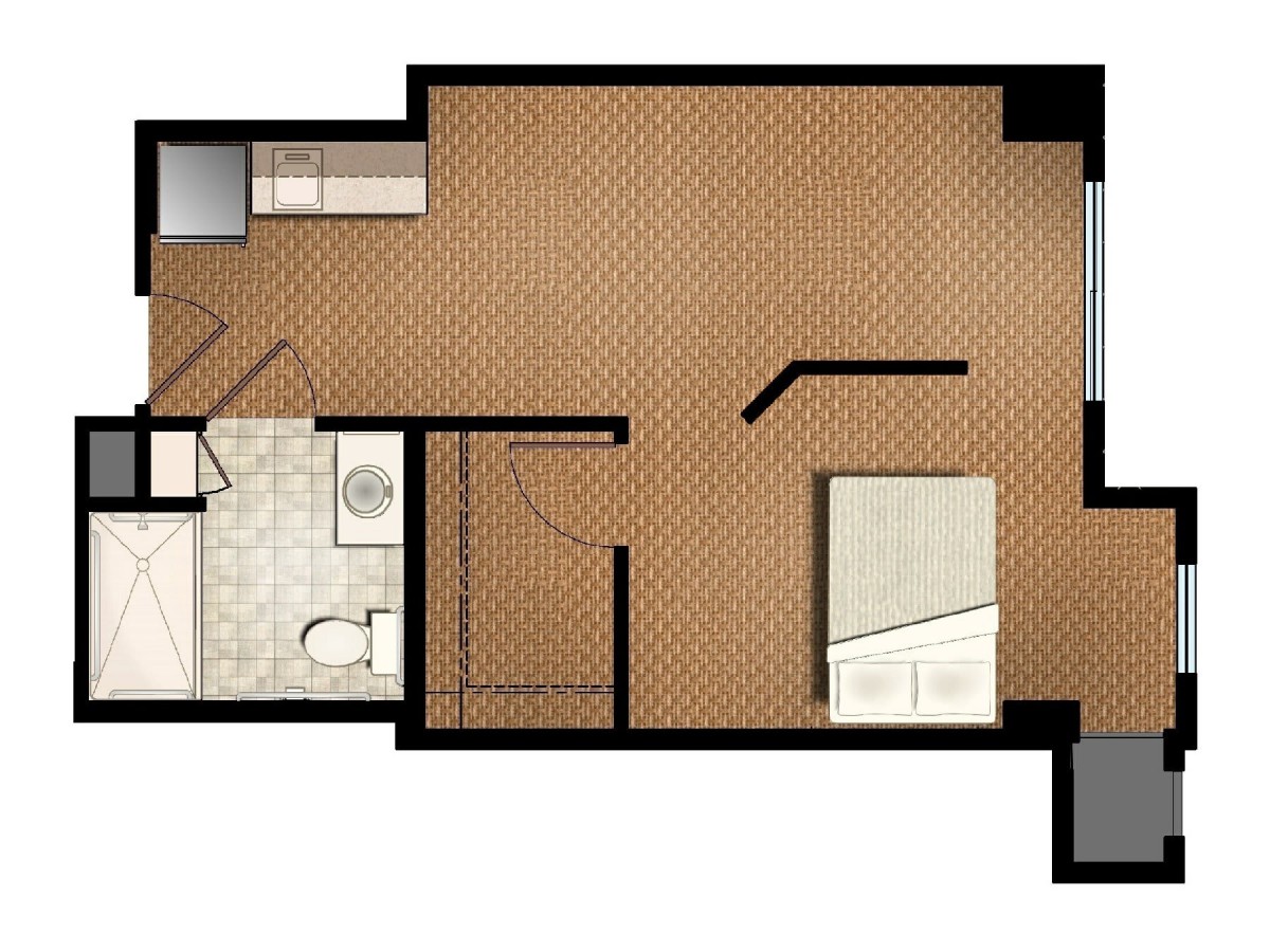 An apartment floor plan featuring a bedroom, bathroom, and kitchen.