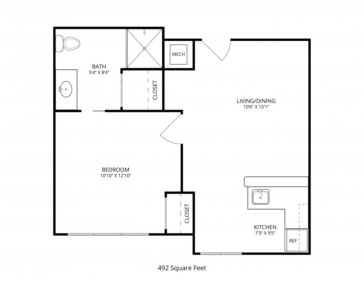 A one-bedroom apartment floor plan featuring a bathroom, kitchen, and living room.