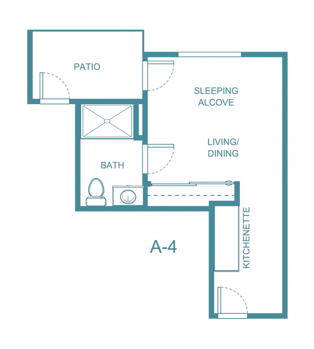 Studio apartment floor plan with a patio, bathroom, kitchen, and living/dining area.