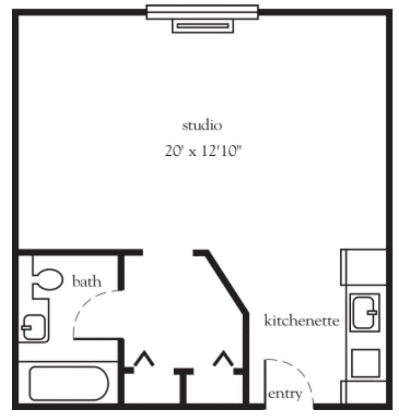 Floor plan of a studio apartment with bath and kitchen areas.