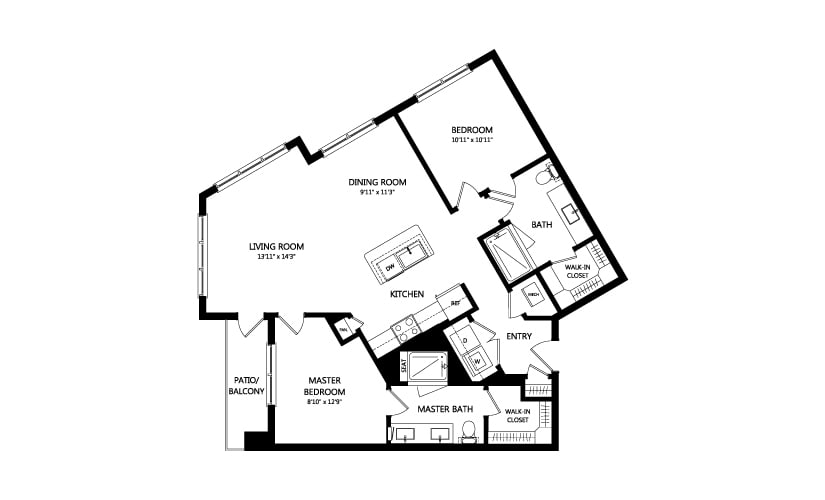 A floor plan depicting the layout of an apartment, including living room, dining room, kitchen, bedroom, and bathroom.