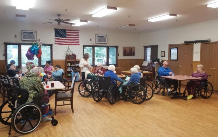 A community room in a nursing home where elderly residents are seated, some in wheelchairs, engaged in activities.