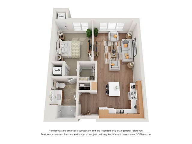 A 3D floor plan of a modern apartment with an open kitchen, living room, bedroom, and bathroom.