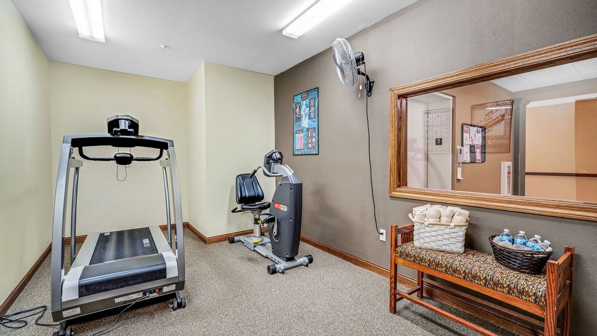 A cozy gym room featuring exercise equipment including a treadmill and stationary bike.